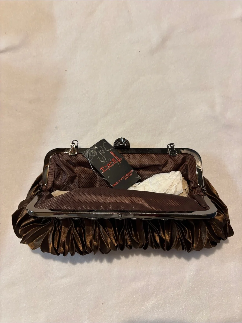 Evening Satin Ruched Clutch Bag - Brown